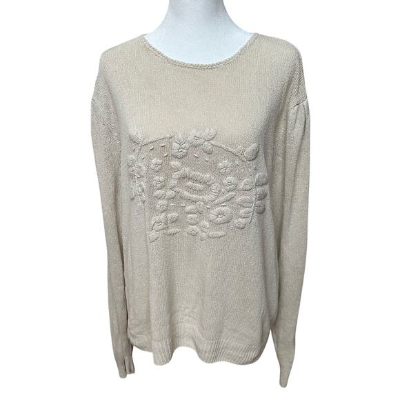 WinterSilks 100% Silk Sweater - XL - Cream Floral Knit Design - Picture 1 of 9